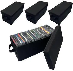 Evelots CD Storage Boxes (4 Pack) Durable CD Case Organizer with Lid, Disc Container Set Holds up to 128 Discs, Black