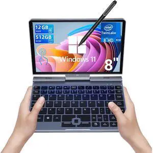 Mini Laptop, Small Laptop Win 11 Pro 8 inch HD Touch Screen N150 2-in-1 Pocket PC 12GB LPDDR5 RAM, 512GB/1TB SSD Wi-Fi 6,BT 5.2,HDMI,2MP Camera Convertible Laptop (N150-12GB+512GB)