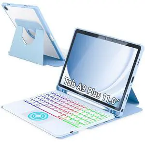 MePadKey Touchpad Keyboard Case for Samsung Galaxy Tab A9 Plus 11 inch SM-X210/X215/X216, 360 Degree Rotating Cover with Color Backlight Magnetic Removable Keyboard for Tablet A9+ (Sky Blue+White)