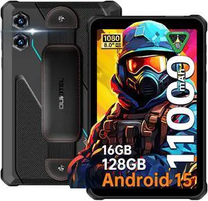 OUKITEL RT3 Plus Rugged Android 15 Tablet, 8 Inch HD Display Waterproof Tablets, 1100mAh Battery, 16GB+128GB (1TB Extra) Industrial Tablet PC,16MP+8MP, 100dB Speaker,Face ID/MediaTek G81/GPS/NFC, Blue