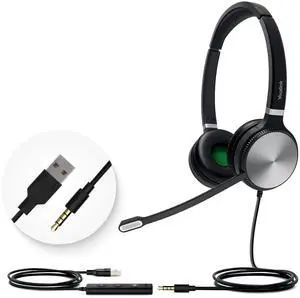 Yealink UH36 Professional USB Headset Wired Headphones for Work Calls and Music, Headset with Noise Cancelling Mic for Computer PC LaptopUC Compatible, Stereo,3.5mm Jack/USB Connection