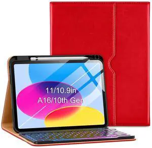 VIKESI Keyboard Case for iPad (A16,2025) 11th Generation/iPad 10th Generation Case (10.9" 2022),Premium Leather Smart Cover,Built-in Breathing Light,Function Row,Pencil Holder,Card Slots - Bright Red