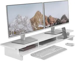 WELL WENG Monitor Stand Dual Monitor Stand Riser for Desk,Wood Desk Shelf Storage Organizer with Phone Tablet Holder (42.5 Inch, White)