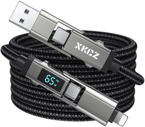 4 in 1 USB C Cable with Wattage Display, 65W Round Nylon Braided Multi Charging Cable with Data Sync, USB C Charging Cord Combo Type C/USB A/iPhone Port for iPhone/iPad/Samsung/Laptop, 5FT