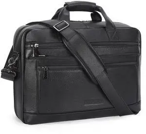 Masa Kawa Mens Leather Briefcase for 16" Laptop Waterproof Crossbody Shoulder Messenger Bag Computer Attache Case for Business Travel Work, Black