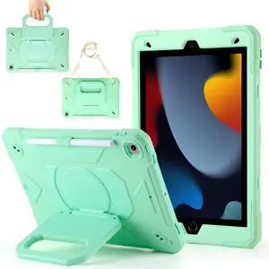 Case for iPad 9th Generation (2021) /iPad 8th Gen (2020)/iPad 7th Gen (2019), Military Grade Shockproof iPad Case Built-in 360°Rotating Stand/Pen Slot/Shoulder Strap, for iPad 10.2 (Mint)