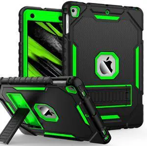 ZoneFoker 9.7" Case for iPad 6th/5th Generation 2018/2017, for iPad Air 2 / Air 1st / Pro 9.7, Heavy Duty Shockproof Protective 9.7 Inch Cover with Built-in Stand for i Pad 6 5 Gen (Black+Green)