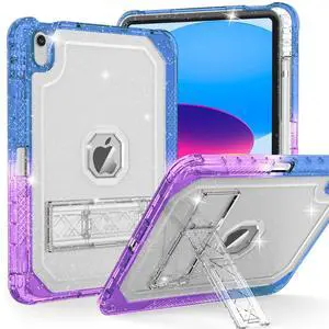 ZoneFoker Case for iPad 11-inch (A16) 2025 / iPad 10th Gen 10.9 inch 2022, Heavy Duty Shockproof Rugged Protective with Pencil Holder, 11th / 10th Translucent Cover with Kickstand Kids, Blue to Purple