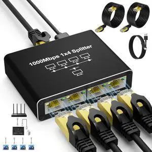 Ethernet Splitter 1 to 4, Kit with 2 LAN Cable Cat6, 1000Mbps High-Speed RJ45 LAN Splitter Adapter to Connect 4 Devices Simultaneously, USB Powered RJ45 Network Extension for Cat8/7/6/5e/5 Cable