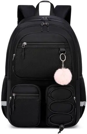 Liokesa School Backpack for Teen Girls, Cute College Back Pack for Women, Kids Backpack for Girls, Middle Students School BookBag, 15.6 Inch Laptop Bag Travel Back Pack, Black