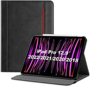 ProCase for iPad Pro 12.9 Inch Case 2022 2021 2020 2018 Released (6th 5th 4th 3rd Generation), PU Leather Folio Cover Protective Folding Case -Black