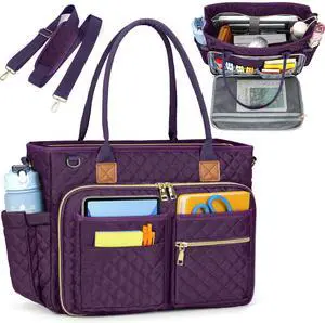 RAINSMORE Teacher Tote Bag 17.3 inch Laptop Bag for Women Work Bags Laptop Tote Nurse Bag Professional Computer Messenger with Insulated Pocket, Laptop Briefcase for Office, College, Dark Purple