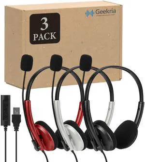 GEEKRIA USB Headset with Mic, Mute Button and Volume Control, Lightweight Wired Computer On-Ear Headphones with Boom Microphone and Detachable 3.5mm Plug, 3 Pack, Assorted Colors