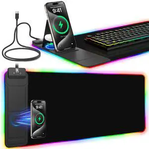 RGB Mouse Pad with Foldable Phone Stand & Wireless Charger, 31.5"x11.8" XL Gaming Mousepad Large Desk Mat, Desk Pad with Dual Charging for Phone & AirPods | 11 Colors & 5 Modes | Waterproof