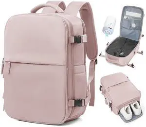 Large Vacuum Travel Backpack Air Vacpack Vacuum Compression Seal Bags with Pump Flight Approved Carry on Luggage Personal item Travel Bag Laptop Backpack with Shoe Compartment Light Pink