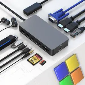 Microsoft Surface Docking Station Triple Displays with Power Supply, 12 in 1 Surface Dock Station with Dual 4K HDMI+VGA for Surface Pro 11/10/9/8/X/7/6/5/4/3, Surface Laptop 7/6/5/4/3/2/1,Surface Book