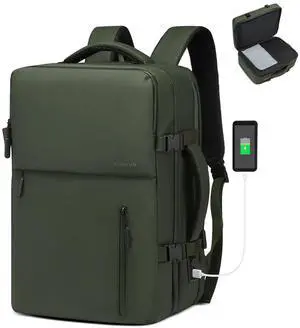 SUIKIHUM Business Travel Carry on Backpack, Lay Flat Luggage Style Bag with USB C & A, 16-inch Suitcase Capacity, Airline Approved, Green