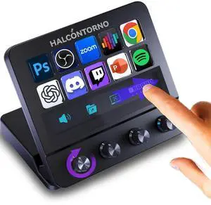 HALCONTORNO Stream Dock - Mirabox Steamdeck for PC Mac, Wired Streaming Controller for Content Creators Gamers, Programmable Macro Keyboard, Volume Control, 10 Macro Keys, (N4E with Screen & Knobs)