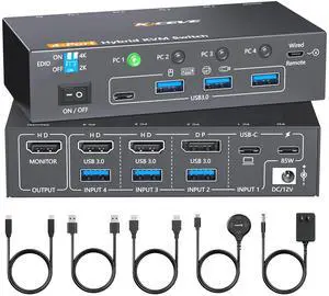 KCEVE 4K KVM Switch 1 Monitors 4 Computers USB-C HDMI DP, EDID Emulator USB 3.0 KVM Switch 4 Port 4K@60Hz for 4 Computer Share Keyboard Mouse and 1 HDMI Monitor, with Power Adapter and Wired Remote