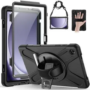 Gerutek Case for Samsung Galaxy Tab A9+/ A9 Plus Case 11" 2023, Full-Body Drop Protection Shockproof Cover with Screen Protector, 360° Rotating Stand, Hand/Shoulder Strap, Pencil Holder, Black