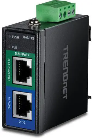 TRENDnet Industrial 2.5G PoE+ Injector, TI-IG215, 1 x 2.5 Gigabit PoE+ Port (Data + PoE Out), 1 x 2.5 Gigabit Port (Data in), Supports PoE (15.4W), PoE+ (30W), NDAA & TAA Compliant