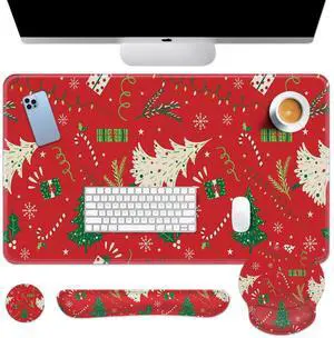 Britimes Merry Christmas Red Tree Keyboard Mouse Pad Set Snowflake Winter 4in1 Large Mousepad+Keyboard Wrist Rest+Mouse Wrist Rest+Coaster Ergonomic Design for Home Office Computer 35.4 * 15.7 inches