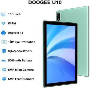 DOOGEE U10 10.1 Inch Tablet (2024 New), Android 13 Tablet with 9GB RAM 128GB ROM/1TB Expand, WiFi 6/5060mAh, GPS, TÜV Low Bluelight, 8MP Dual Camera, Bluetooth 5.0, OTG (Green)