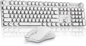 EWEADN Wired Typewriter keyboard and Mouse Combo, Typewriter Style Mechanical Gaming Keyboard,104 Keys Backlit LED Keyboards, Media Control Knob, Wired Keyboard Pink Switch for Windows/Mac/PC-White