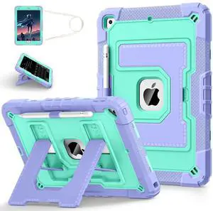 WESOROL CASE for iPad 9th Generation 2021/ iPad 8th Generation 2020/ iPad 7th Generation 2019,Kids Friendly iPad Case 9/8/7th Gen with Pencil Holder,Shockproof Cover for i Pad 10.2 Inch,Purple Green