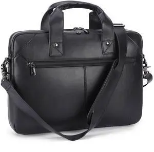Masa Kawa Mens Leather Slim Briefcase for 16" Laptop Black Waterproof Crossbody Shoulder Messenger Computer Bag for Business Travel Office Work