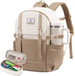 LOVEVOOK School Backpack for Teen Girls, Waterproof Travel College Bookbag for Middle High School with Large Cup Holder & Pencil Case, Fits 15.6'' Laptop, Cute Aesthetic Kids Student Backpack