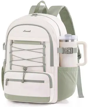 LOVEVOOK School Backpack for Teen Girls, Large Capacity College Student Backpacks with Water Bottle Holder, Cute Laptop Backpack Purse for Women, Lightweight Casual Travel Backpack, Beige-green