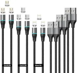 N. NETDOT Magnetic Charging Cable,Gen12 6 Pack (1/1/3.3/3.3/6.6/6.6ft) 3in1 Max 18W Fast Charging Magnetic Phone Charger and Data Transfer Magnetic Cable for Micro-USB,USB-C/Type C and i-Product