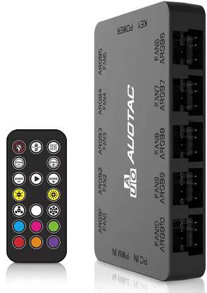 Auotac ARGB Controller PWM Fan Hub with RF Remote, (Connect Ten Case Fans, 5V 3Pin ARGB & 12V 4Pin PWM Fan Connector, Dual SATA Power Input, Magnetic Suction), Black