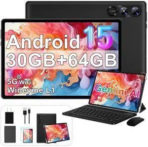2025 Tablet 10 Inch Android 15 Tablets with Keyboard 30GB RAM 64GB ROM, Octa-Core 2-in-1 Tablet with Gemini AI, 5G WiFi, 6000mAh, HD IPS Display, GPS, Widevine L1, Split Screen, Mouse & Case -Black