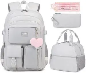 qodbopack 3PCS Backpack For School Women College Middle High Teen Girls Student Bookbag Waterproof Laptop Bag Grey qodbopack 3PCS Backpack For School Women College Middle High Teen Girls Student Bookbag Waterproof Laptop Bag Grey
