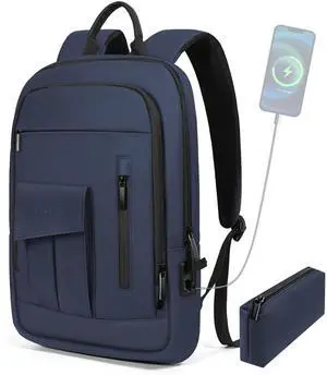 Business Backpack for Men Slim Lightweight Laptop Backpack for 17.3 Inch Computer Water Resistant Small Office Backpack for Commute Travel Daily Office Work with Small Bag (Blue)