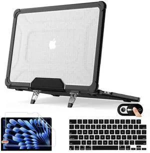 Mektron Shockproof Case for MacBook Air 15 inch 2024/2023 with M3/M2 Chip Model A2941/ A3114, 15.3 Heavy Duty Protective Hard Shell Cover with Fold Kickstand with Keyboard Skin, B-Black