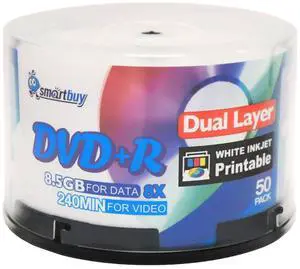Smart Buy 50 Pack DVD+r Dl 8.5gb 8X DVD Plus R Double Layer Printable White Inkjet Blank Data Recordable Media 50 Discs Spindle