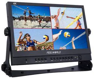 FEELWORLD ATEM156 Quad-Split Monitor 4K 15.6" Directors Monitor with 4 x HDMI I/O Live Streaming Broadcast Display Screen for Switchers, Mixer, Studio, Television