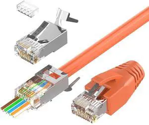 VCELINK CAT6A Connector, RJ45 Connectors Pass Through CAT6A CAT7 Shielded, UL-Listed 3-Prong Gold Plated, CAT7 Connector with Strain Relief Boots (RJ45 Connector-Transparent, Orange, 30-Pack)
