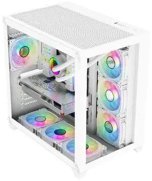 Computer Case Gaming PC Chassis ATX Tower Ventilated Airflow Tempered Glass Medium Upright High Airflow Support White Without 360 Water Cooling and RGB Fans