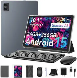KINGRID Tablet 10 inch,Android 15 TabletGemini AI,24GB RAM+256GB ROM+2TB,Keyboard & Pen Bundle,Octa-Core, Widevine L1,5G WiFi,Bluetooth 5.0,Smat Lens,2-Year Warranty-Grey