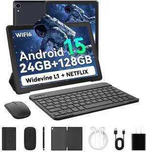 HiGrace 2025 Latest Upgraded Android 15 Tablet 10 Inch, 24GB+128GB+1TB Expand, WiFi 6 BT 5.4, Type-C Fast Charging, Dual Camera, Widevine L1 HD IPS Screen with Keyboard
