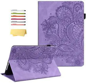 UUcovers All-New 10.1" Kindle Fire HD 10 Case (Only Compatible with 11th Generation, 2021 Release) and Fire HD 10 Plus with Pencil Holder Folio Stand Embossed PU Leather Cover, Purple Peacock Flower