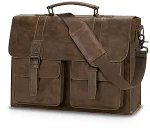 RAINSMORE Leather Messenger Bag for Men 15.6 Inch Vintage Laptop Bag Waterproof Briefcases for Men Computer Shoulder Bag Satchel for Work, Office, College, Business, Darkbrown