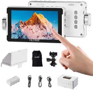 VILTROX DC-V1 White Touch Screen Camera Field Monitor, 5.5 Inch 4K HDMI DSLR Camera Monitor 160° Wide View Angle Video Monitors with Battery Sunshade Hood 3D Lut Peaking Focus Assist DC 12V Type-C 5V