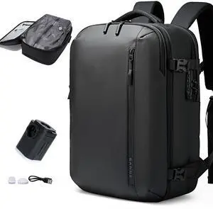 BANGE Vacuum-Seal Travel Backpack with Pump and Vacpack Compression System, Water Resistant Large Carry-On Backpack with Laptop Compartment and TSA Lock - Flight Approved, Black (With Air Pump)