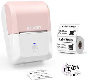 KNAON 2-inch Label Maker Machine with Tape, Portable Thermal Sticker Maker with 230 Labels, Wireless App & Bluetooth Connectivity for Home,Office,Business & School - Compact Label Machine, Pink
