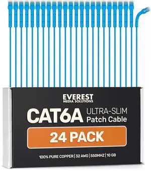 Everest Ultra Slim Cat6a Ethernet Patch Cables 1ft (24-Pack) Blue - 10GB Cat 6a Patch Cable - Bendable, Flexible & Thin Ethernet Cable - Space Saving 32AWG 550MHZ Cat6a Cables - 100% Copper Wires
